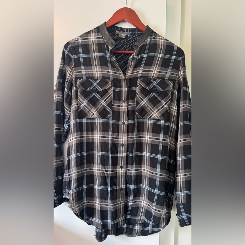 VINCE black, blue button-down plaid shirt with lamb leather, Size 4 women’s